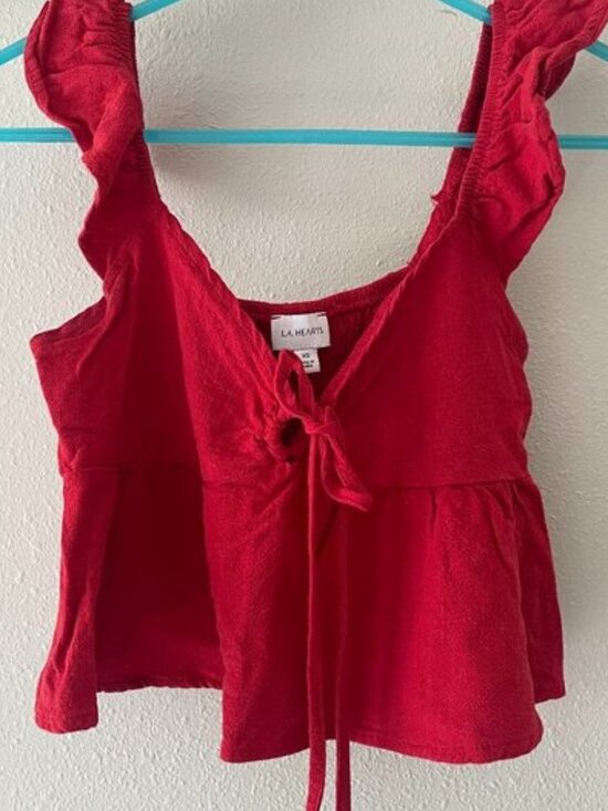 Tops - Red Linen Keyhole Babydoll Top